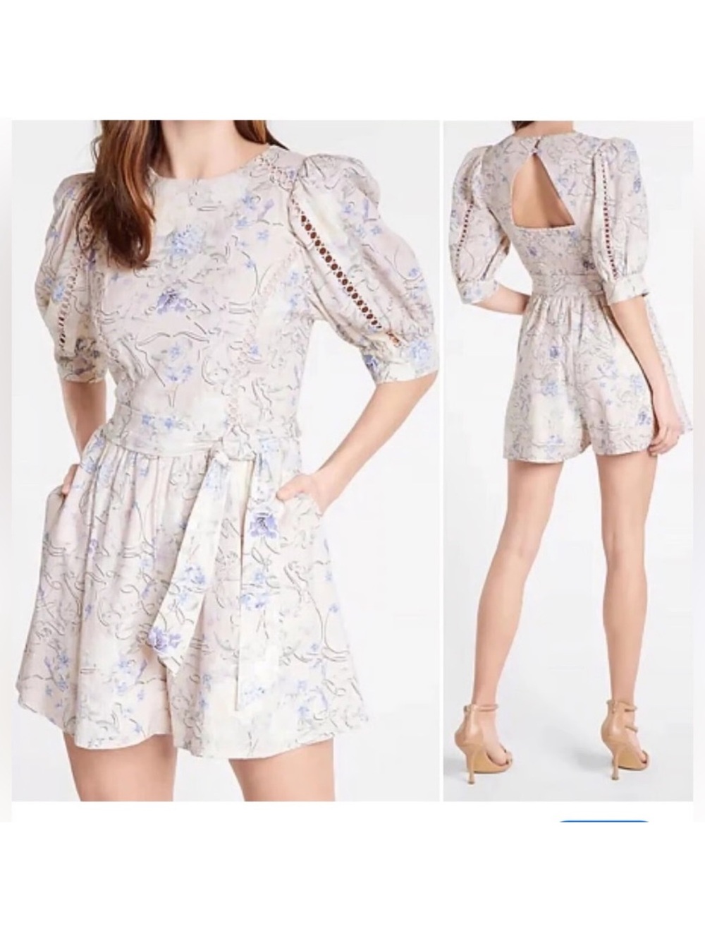 Express Cream Romper with Soft Blue Floral Print
